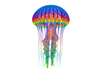 A vibrant, rainbow-hued jellyfish, displaying intricate details and a spectrum of colors against a stark black backdrop.