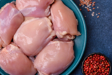 Raw chicken thigh fillet, poultry meat as a source of protein. Chicken thigh fillet