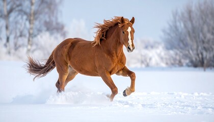 A chestnut horse galloping in a snowy winter landscape