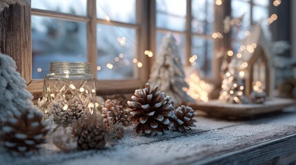 winter holiday decor with snow pinecones and glowing lights creating a cozy atmosphere in a rustic setting