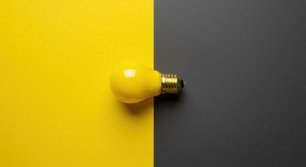 A yellow light bulb on a contrasting yellow and dark gray background viewed from directly above