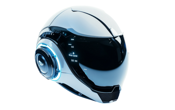 Futuristic helmet with AI voice assistant and integrated augmented reality interface for enhanced user experience isolated on transparent background PNG