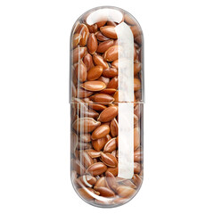 Transparent Glass Capsule with Whole Flaxseeds (Linseed) Isolated on White Background