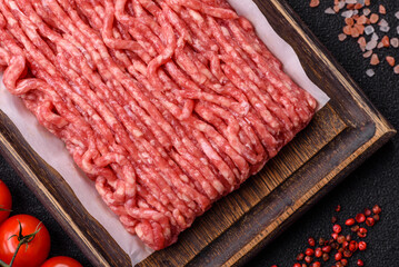 Raw ground beef or pork, prepared meat for burgers or other food preparation. Raw ground beef