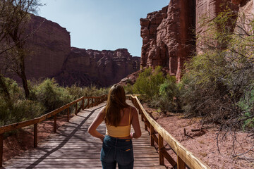 Woman walking along wooden path between red canyon walls