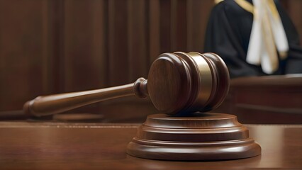 Obraz premium Wooden judge gavel resting on a table in front of a judge inside a courtroom symbolizing law, justice, authority and the legal system