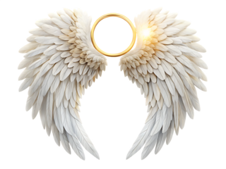 White Angel Wings with Golden Halo and Light Effect graphic design isolated on a transparent background