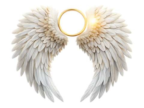 White Angel Wings with Golden Halo and Light Effect graphic design isolated on a transparent background