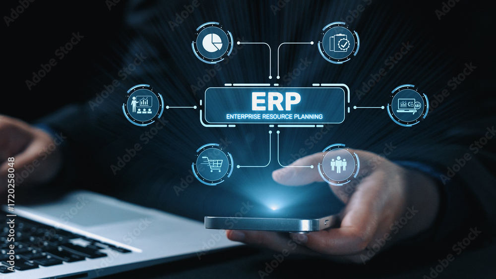 Poster erp platform visual showing centralized system for enterprise resource planning, improving integrati