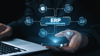 ERP platform visual showing centralized system for enterprise resource planning, improving integration, data flow, business efficiency, finance, inventory, and human resources. Elide