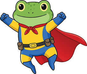 Obraz premium Cute cartoon superhero frog flying with red cape and yellow blue costume vector illustration