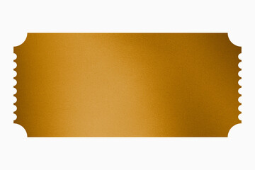 Golden ticket. Gold vector coupon, sticker or discount tag mockup isolated on white background. Cinema, theater, concert, party, event, festival invitation entrance.