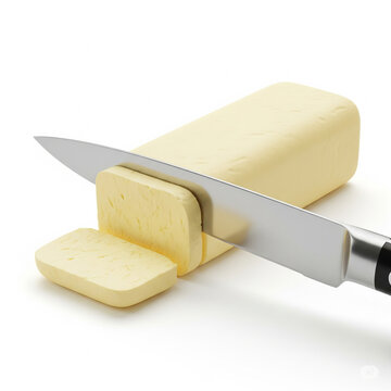 A knife cutting a block of mozzarella cheese isolated on white 