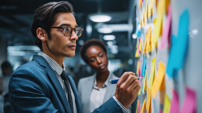 young indian businessman manager writing strategy ideas on sticky notes on whiteboard and female african american colleague looking at his strategy scrum presentation business project planning no log - Powered by Adobe