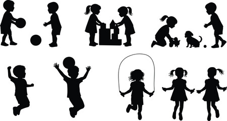 Children silhouette, playful activity, ball game, skipping rope, dog interaction, building blocks, dancing kids, black figures, white background, joyful movement