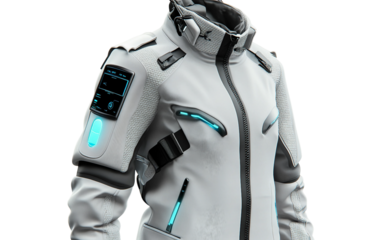 Futuristic smart jacket with built in temperature control system and advanced wearable technology isolated on transparent background PNG
