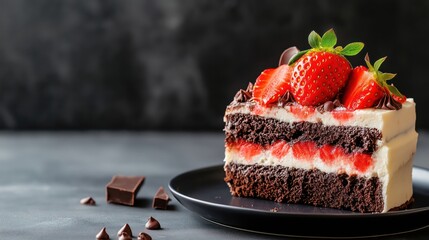 Piece of chocolate cake with icing and fresh berry on dark isolated background