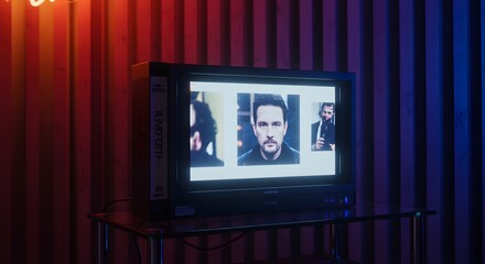 Television Screen Showing Facial Recognition in Modern Room with Colorful Wall