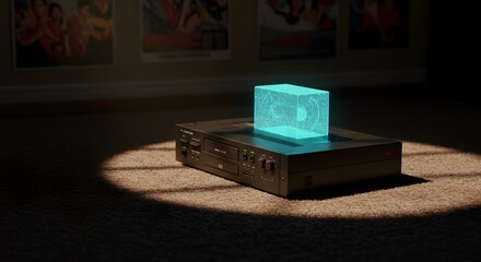 Futuristic Holographic Cube Display on Dark Electronic Device in Dim Lighting