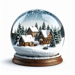 Winter Wonderland Village Inside a Snow Globe on a Wooden Base on White Background