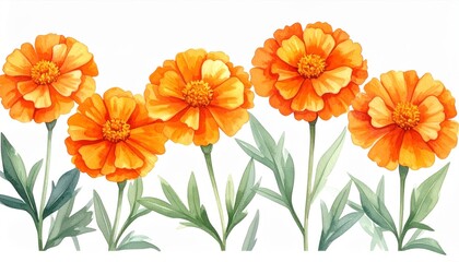Fototapeta premium Watercolor Style Orange Marigolds with Green Leaves Isolated on White Background