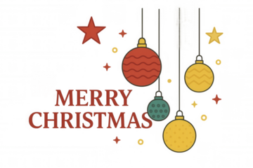 Christmas greeting design with hanging ornaments, decorative stars, and 'merry christmas' text on transparent background