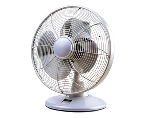 White Electric Desk Fan with Oscillating Head Keywords: electric fan, desk fan, appliance, white isolated on a transparent background