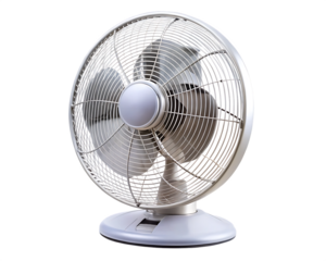 White Electric Desk Fan with Oscillating Head Keywords: electric fan, desk fan, appliance, white isolated on a transparent background