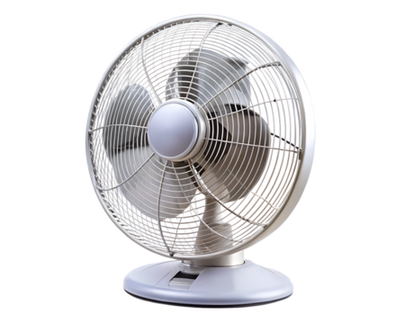 White Electric Desk Fan with Oscillating Head Keywords: electric fan, desk fan, appliance, white isolated on a transparent background
