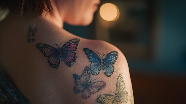 Woman's back and shoulder with multiple butterfly tattoos in varying shades of blue and purple ink