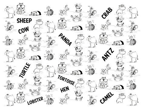cow antz lobster tortoise turtle camel crab panda  hen sheep animals line arts