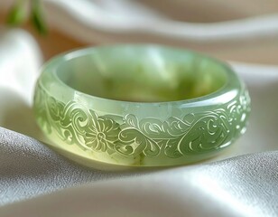 Elegant green jade bangle with intricate floral carvings resting on soft silk fabric in gentle natural light