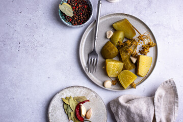 Bowl of pickled marinated cucumbers