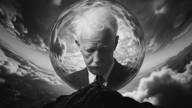 A contemplative, pensive man's head, framed by a large, reflective sphere, set amidst a surreal landscape of clouds and mountains.