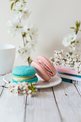 2 pink and blue macaroons served on a wooden table, in spring d?cor. Gender Reveal Party table