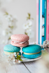 3 pink and blue macaroons served on a wooden table, in spring d?cor. Gender Reveal Party table