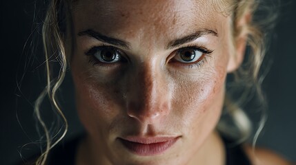 Close up portrait of a woman with blonde hair and intense gaze looking directly at the camera lens