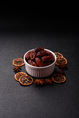 Dried dates in a ceramic plate, arabic food for the ramadan table. Dried dates as a food backgrounds