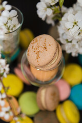 many colored macaroons on a black background with white apple blossom