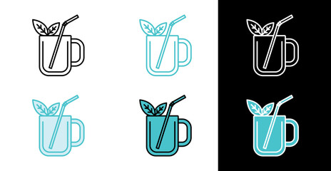 Mug with straw and mint leaves icon in line and fill style