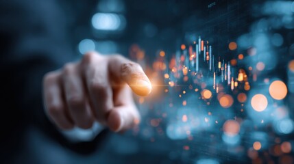 close up of businessman hand pointing at glowing forex chart trading interface on blurry blue bokeh background market economy and data exchange concept double exposure no logos no brands ar 169