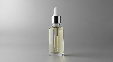 Naklejka premium Serene Serum Dispenser: A crystal-clear serum bottle, filled with a golden liquid, stands pristine on a minimalist surface, perfectly lit to highlight its elegant design.