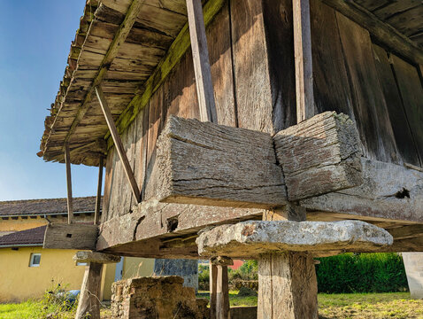 Lowest part of an horreo, typical barn in Asturias, Nava municipality, Asturias, Spain, Europe