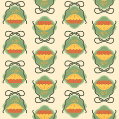whimsical pattern with pies, framed by green leafy shapes and tied with decorative black ribbons on a light cream background, ideal for baking-themed fabric, kitchen decor, and festive packaging
