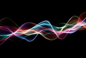 Colorful Light Trail Abstract with Flowing Waveforms in Red, Blue, and Purple on Black Background
