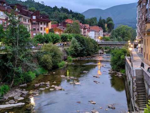 Pilo&ntilde;a river and Infiesto village at sunset , Asturias, Spain, Europe