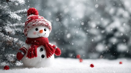 cute snowman with red scarf and hat near christmas tree in snow for holiday greetings banner