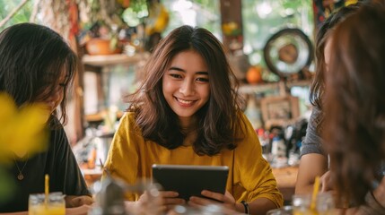 friendship and togetherness concept indoor shot of asian student girl with touch pad in her hands sitting at coffee shop with her group mates watching some interesting content during lunch break no l