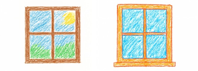 Children's illustrations of windows with colorful drawings and scenery with crayons