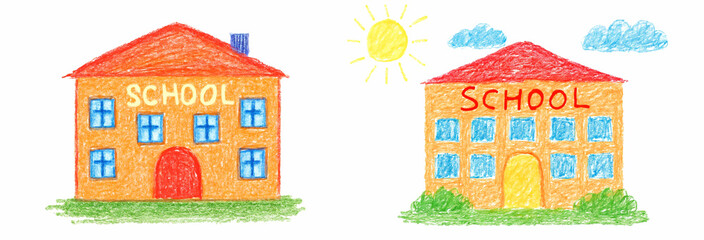 Set of Colorful school building illustrations created by child with crayons  